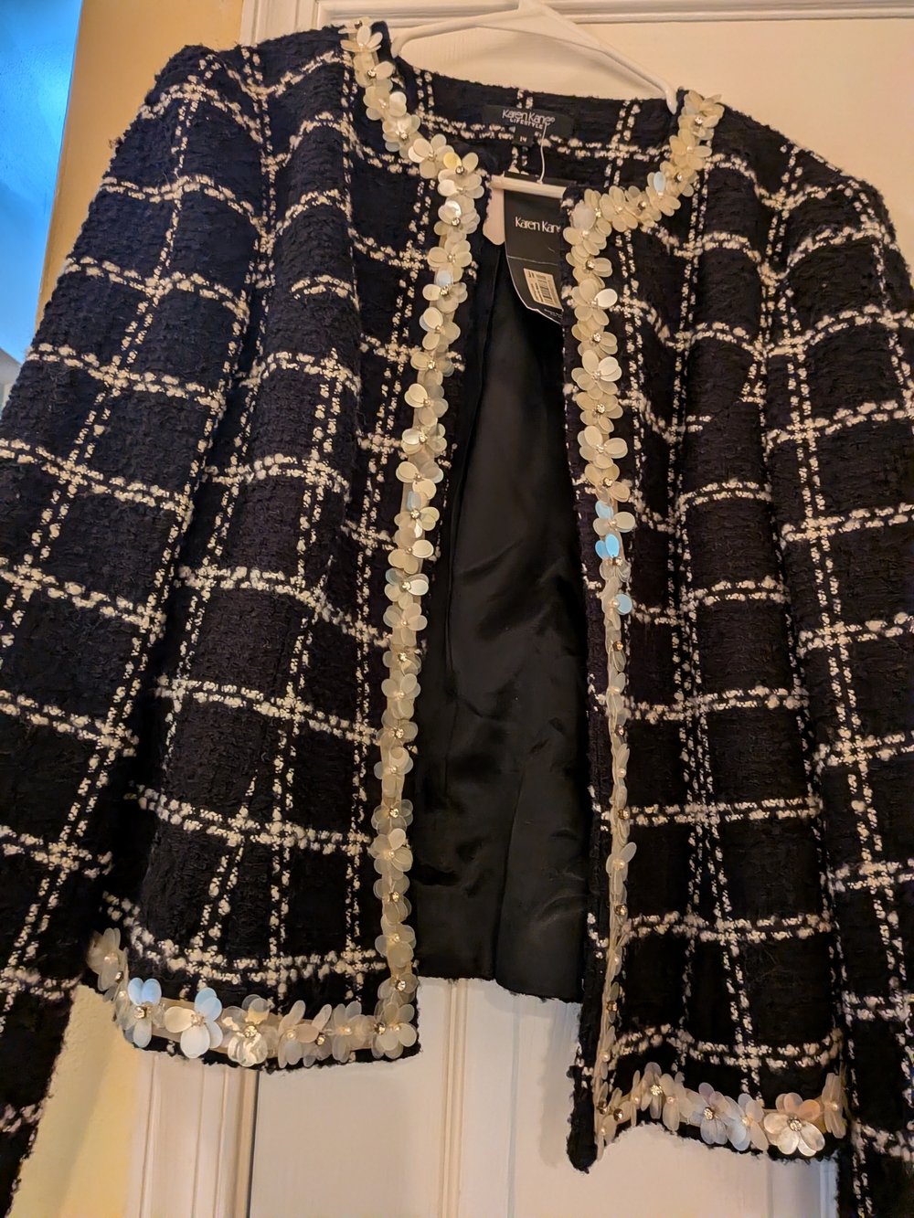 Karen Kane Black & White Tweed Floral Trim Jacket